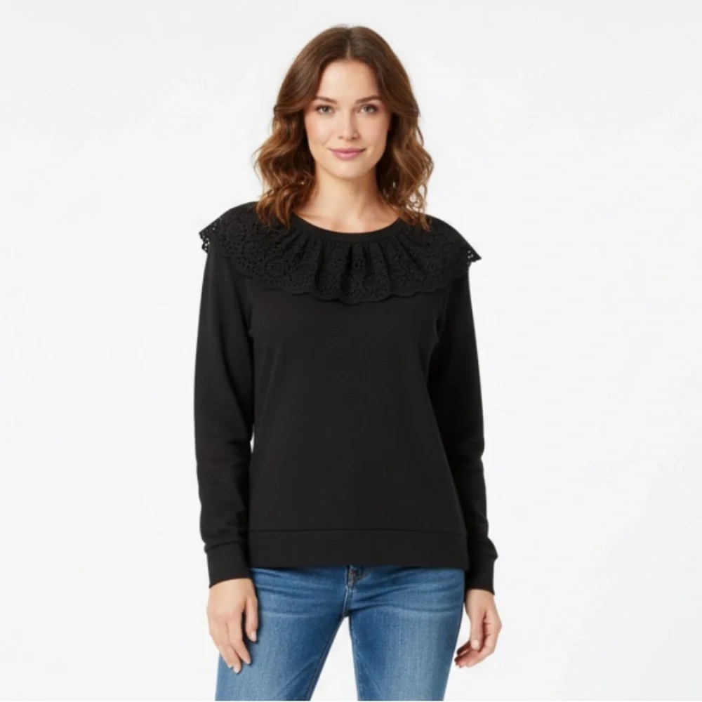 Banana Republic Solid Black Eyelet Detail Sweater Size Medium